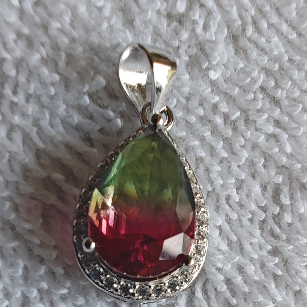 Pendant Watermelon Style Pear Cut Sterling Silver S925 Halo Pink Green